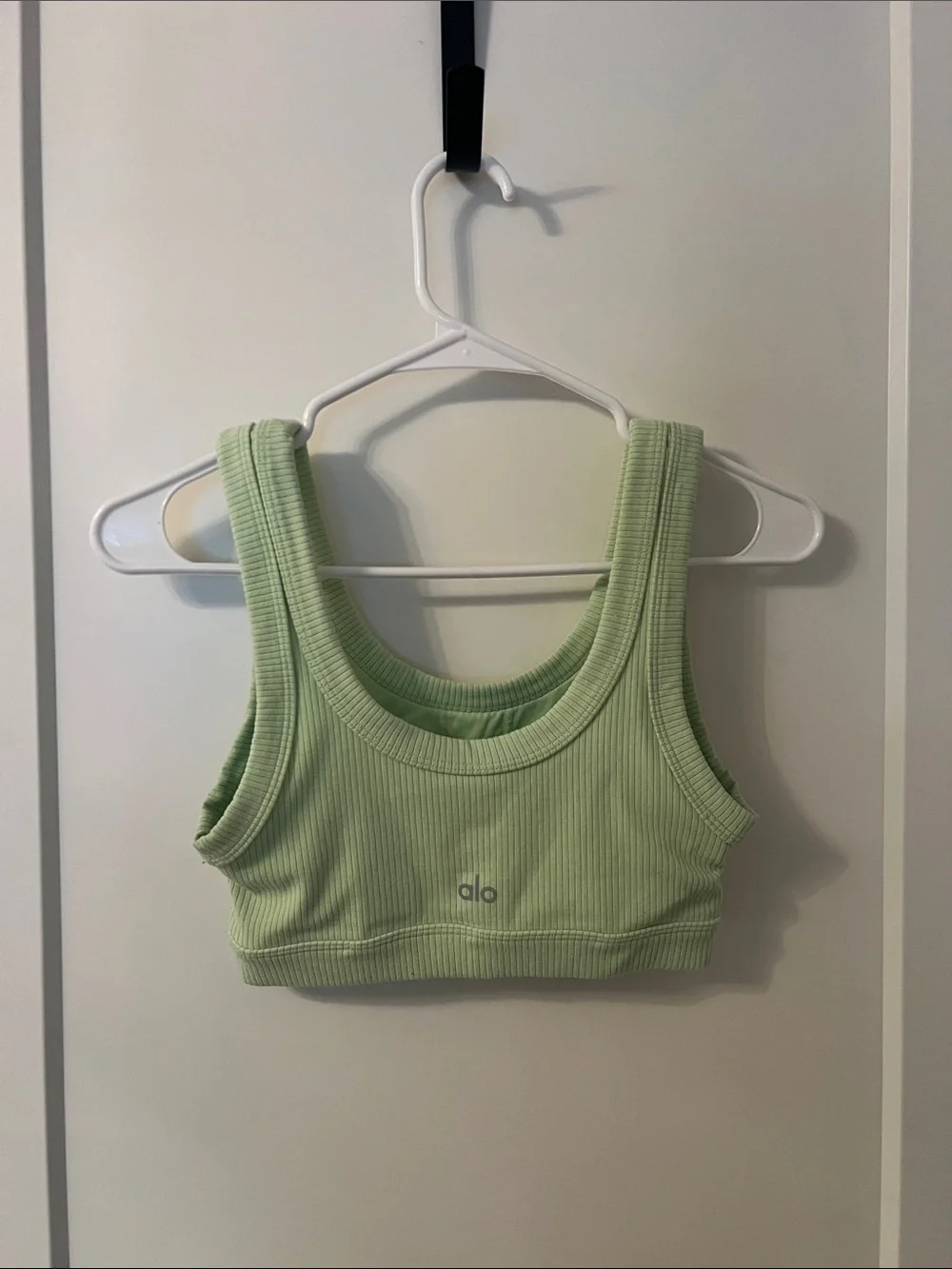 2 ALO Yoga Neon Green, black and white Ribbed Scoop-Back Wellness Sports Bras